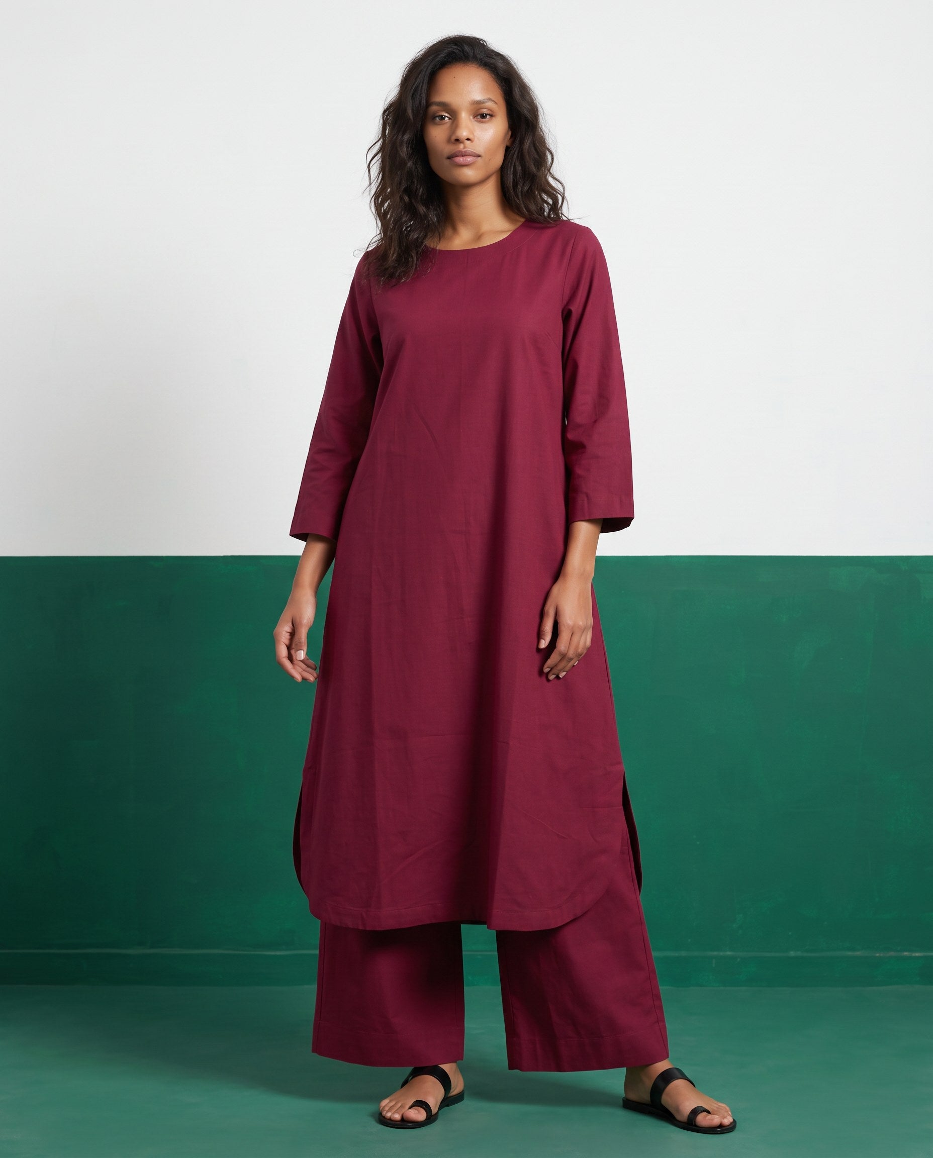 Merlot Three-Quarter Sleeve Kurta & Palazzo Co-ord Set - View 1