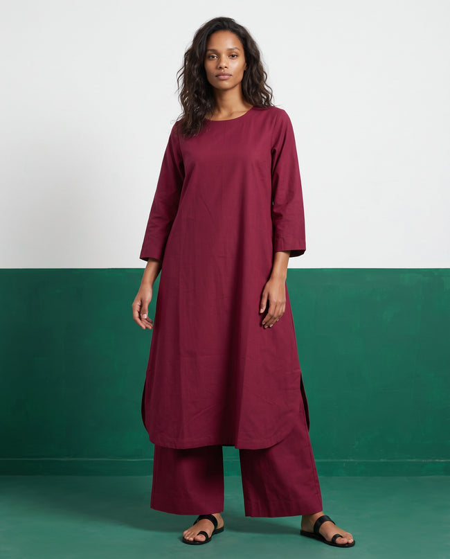 Merlot Three-Quarter Sleeve Kurta & Palazzo Co-ord Set - View 1