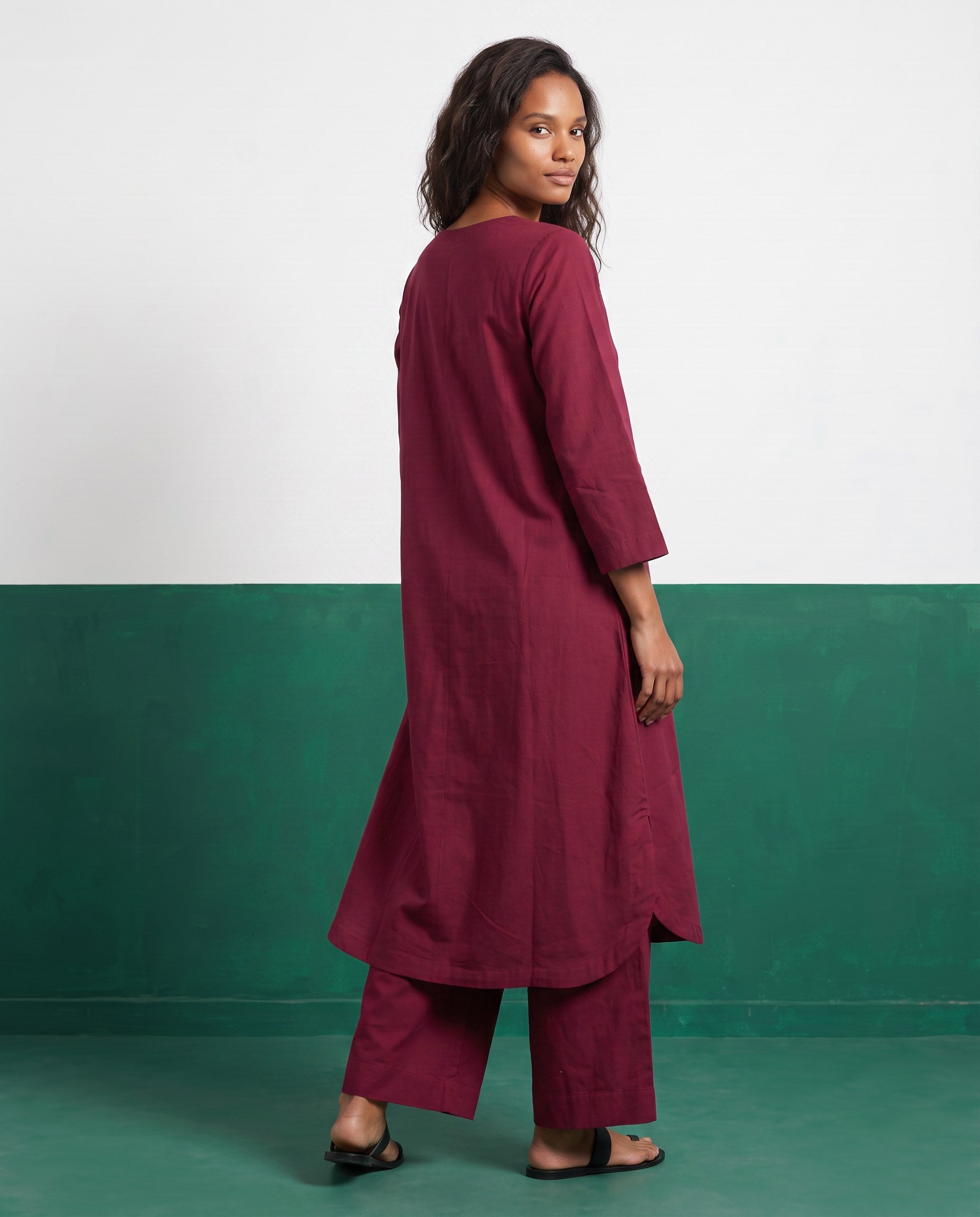Merlot Three-Quarter Sleeve Kurta & Palazzo Co-ord Set - View 2