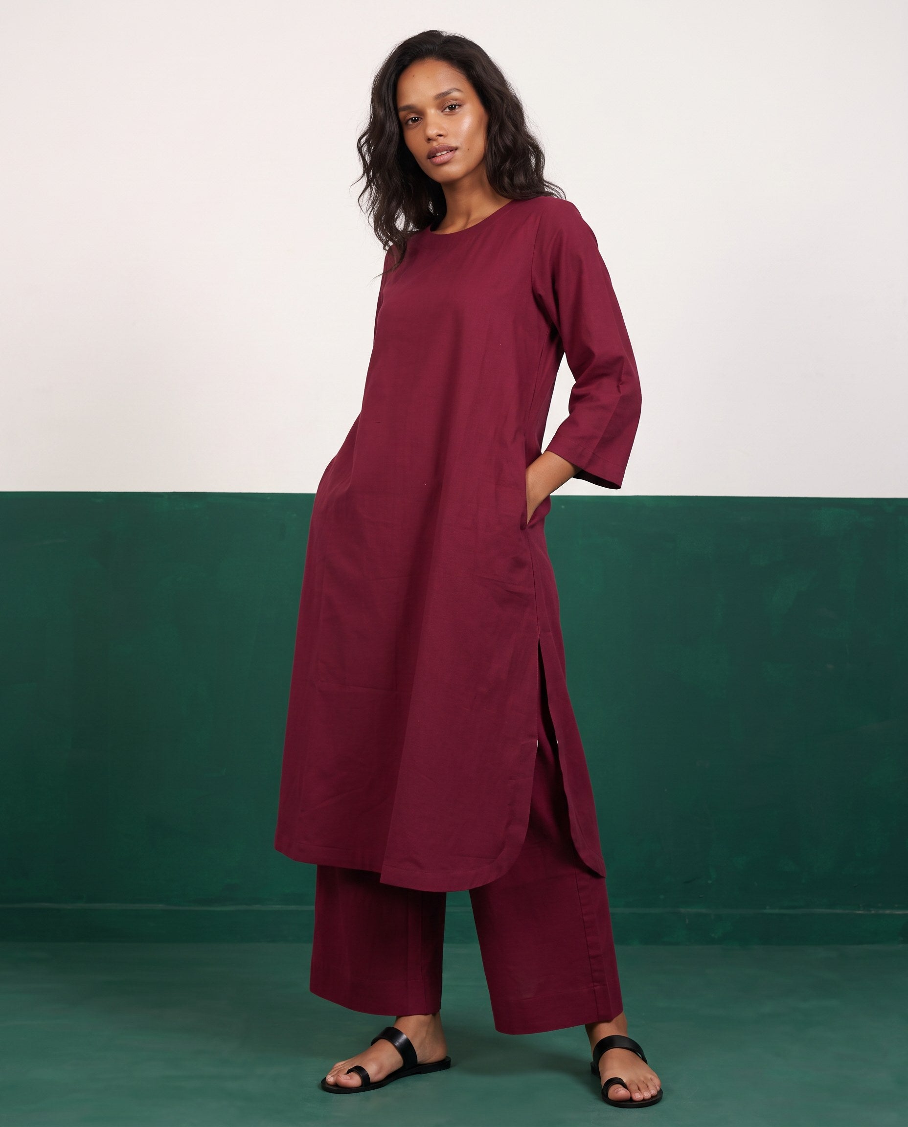 Merlot Three-Quarter Sleeve Kurta & Palazzo Co-ord Set - View 4