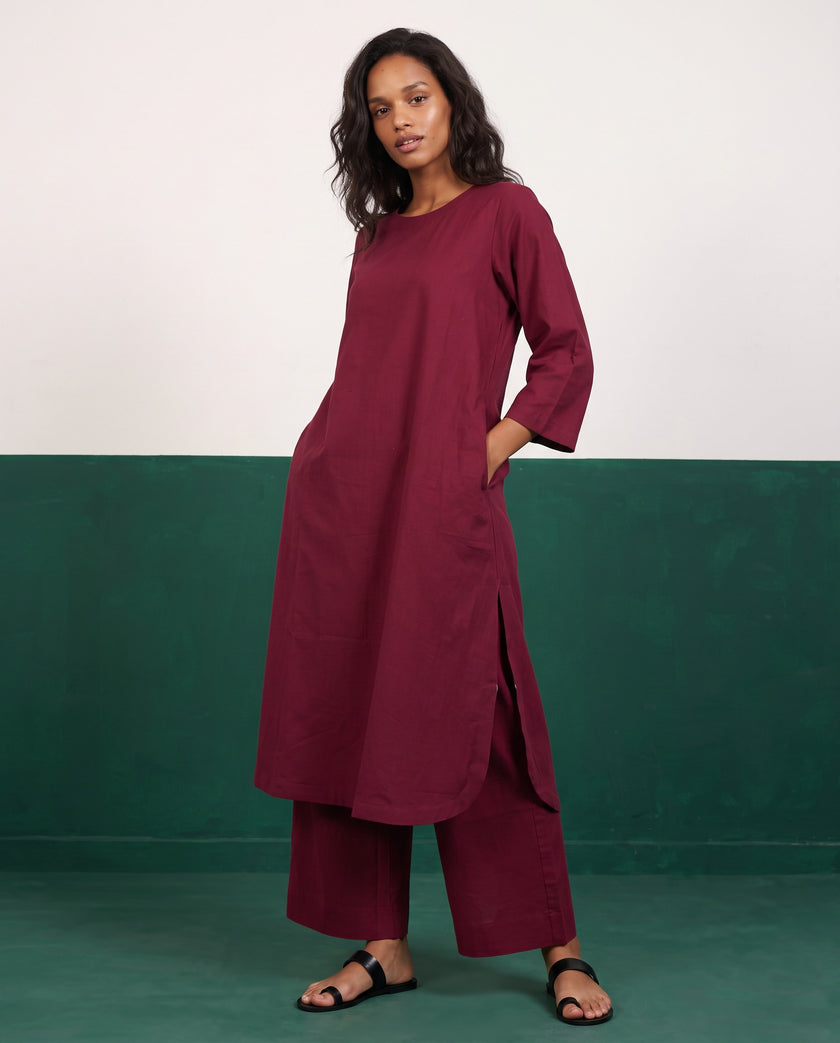 Merlot Three-Quarter Sleeve Kurta & Palazzo Co-ord Set - View 4