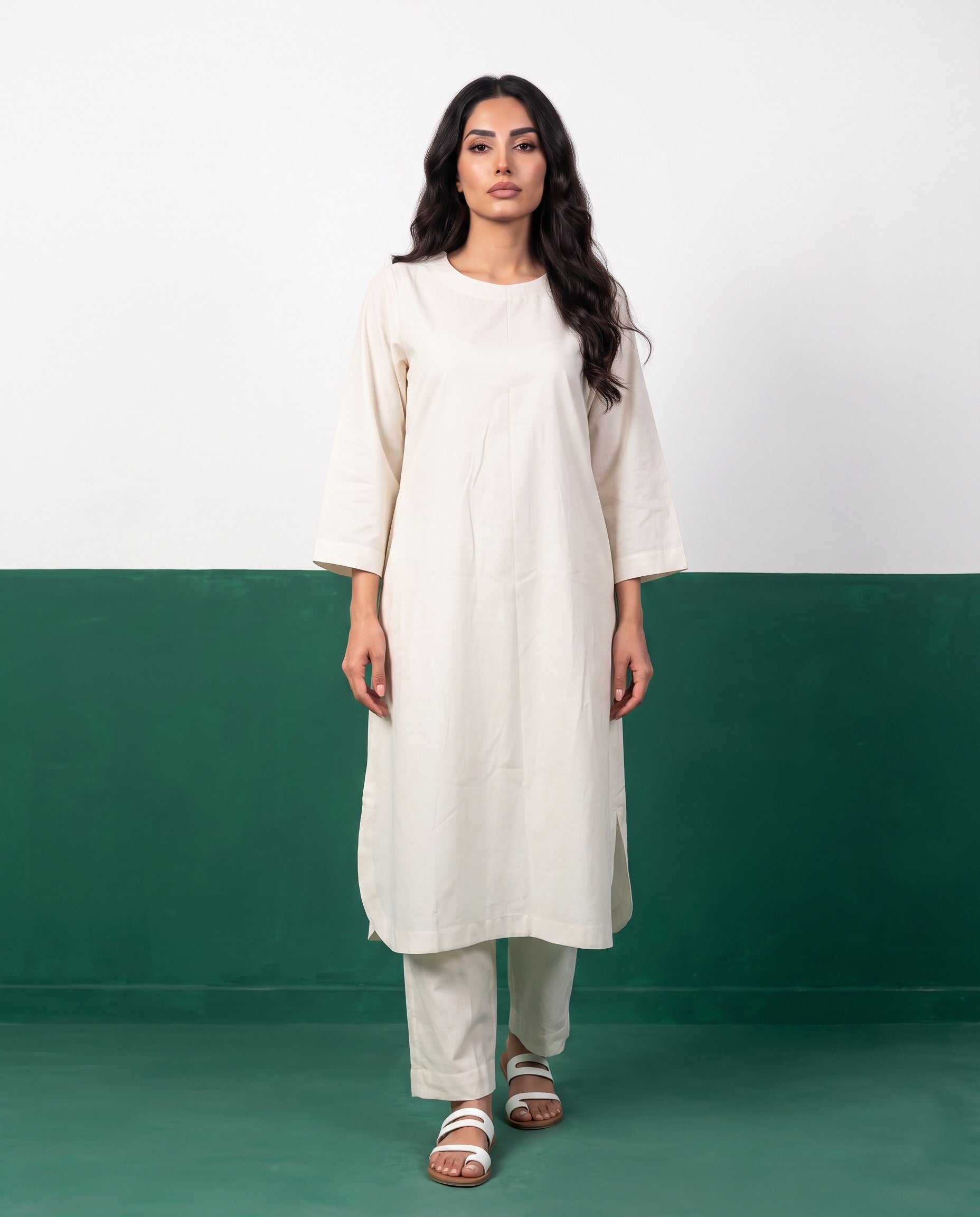 Ivory Dream Three-Quarter Sleeve Kurta & Palazzo Co-ord Set - Front view