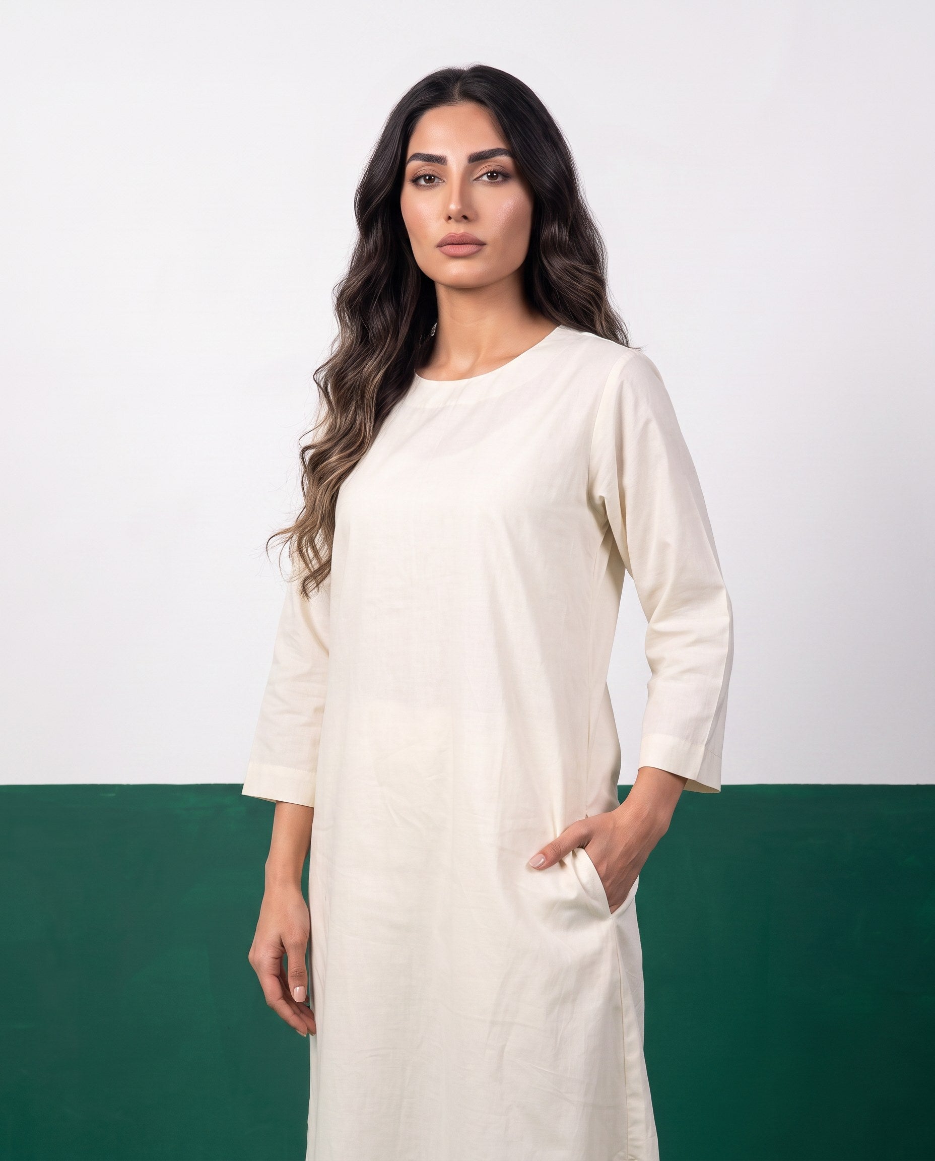 Ivory Dream Three-Quarter Sleeve Kurta & Palazzo Co-ord Set - Detail close-up