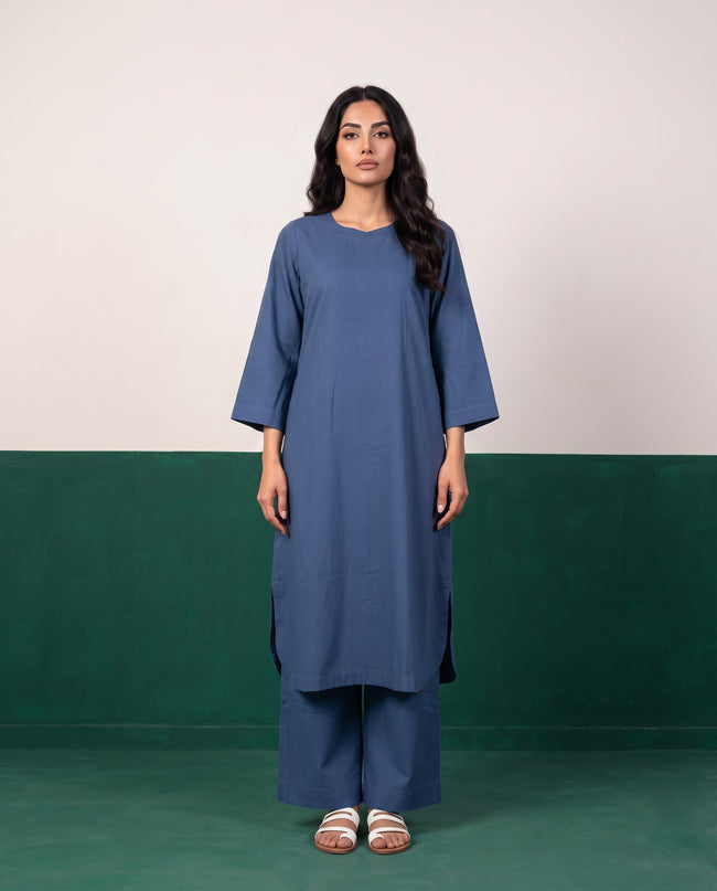 Blue Horizon Three-Quarter Sleeve Kurta & Palazzo Co-ord Set - Front view