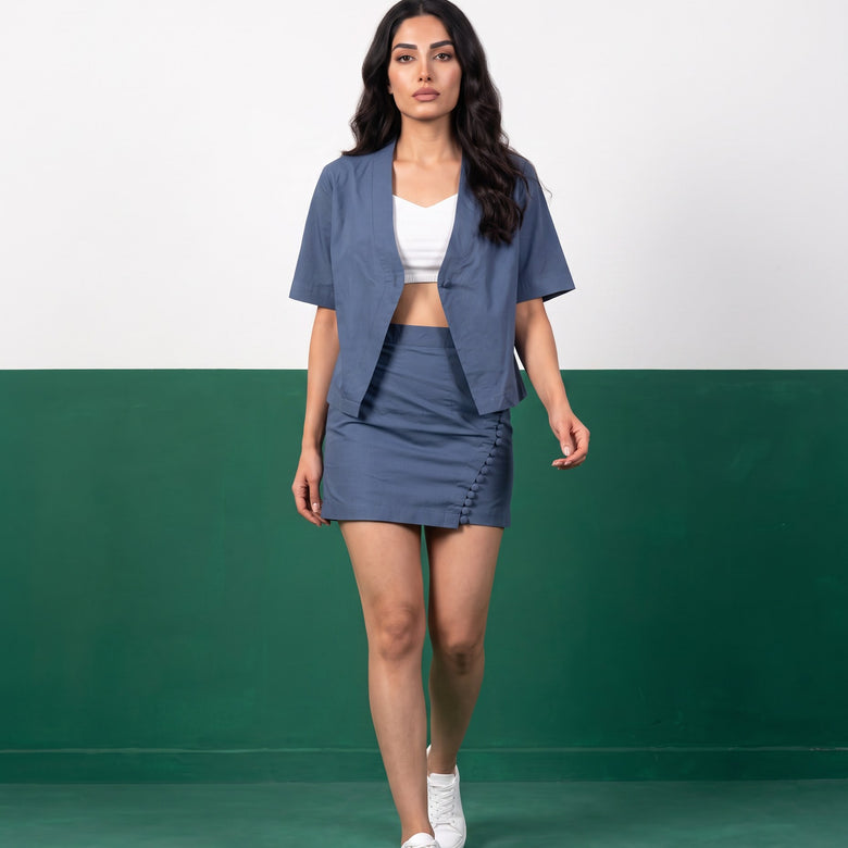Slate Blue Wrap Blazer & Button-Detail Mini Skirt Cotton Co-ord Set - Front view