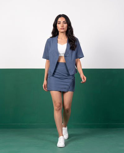 Slate Blue Wrap Blazer & Button-Detail Mini Skirt Cotton Co-ord Set - Front view