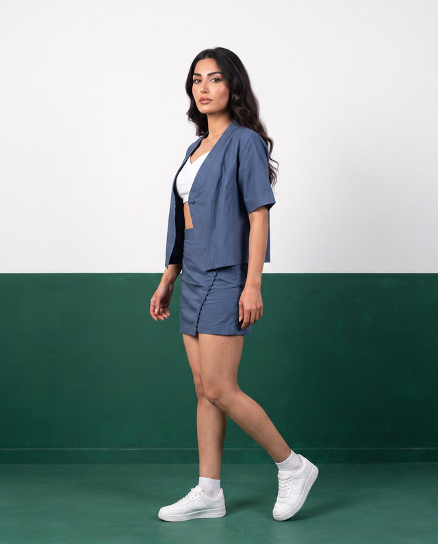 Slate Blue Wrap Blazer & Button-Detail Mini Skirt Cotton Co-ord Set - Side view