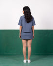 Slate Blue Wrap Blazer & Button-Detail Mini Skirt Cotton Co-ord Set - Back view