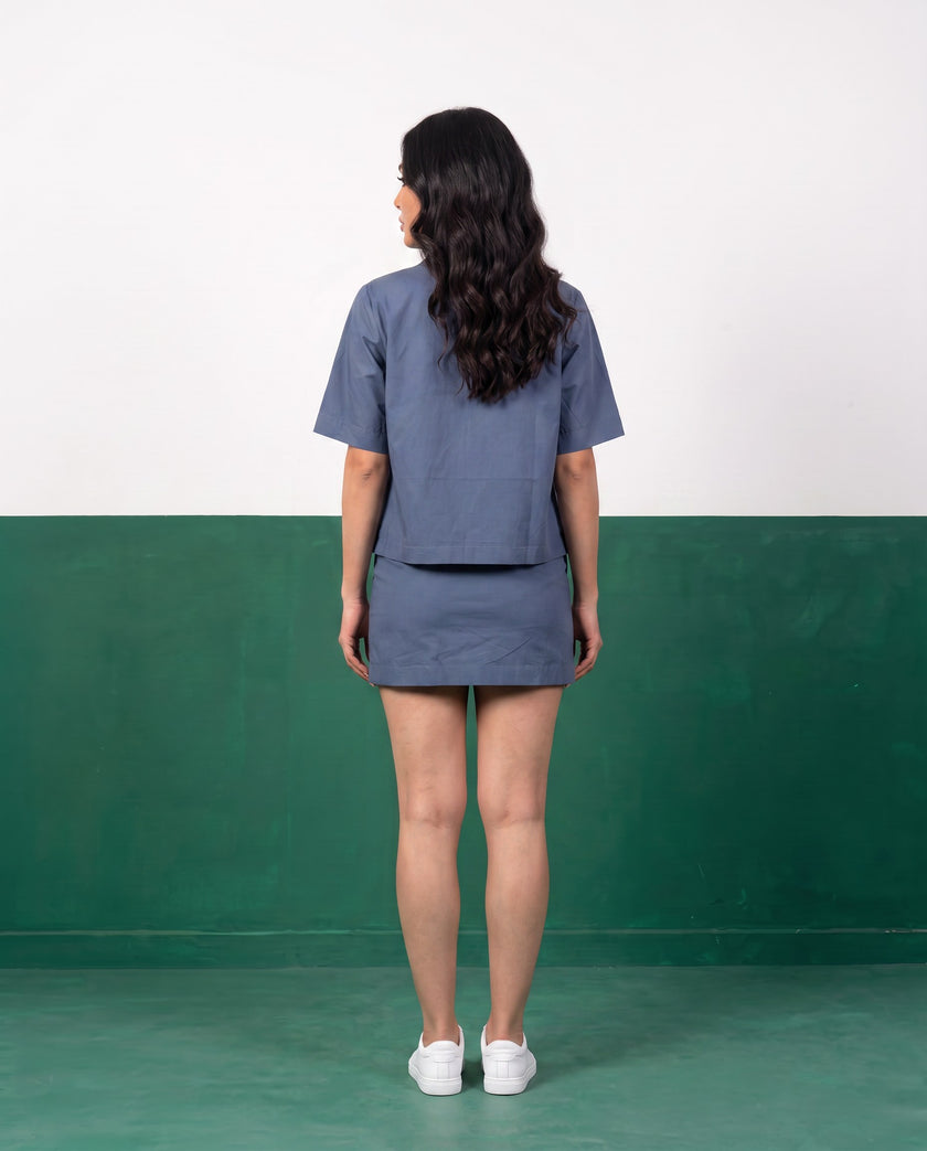 Slate Blue Wrap Blazer & Button-Detail Mini Skirt Cotton Co-ord Set - Back view