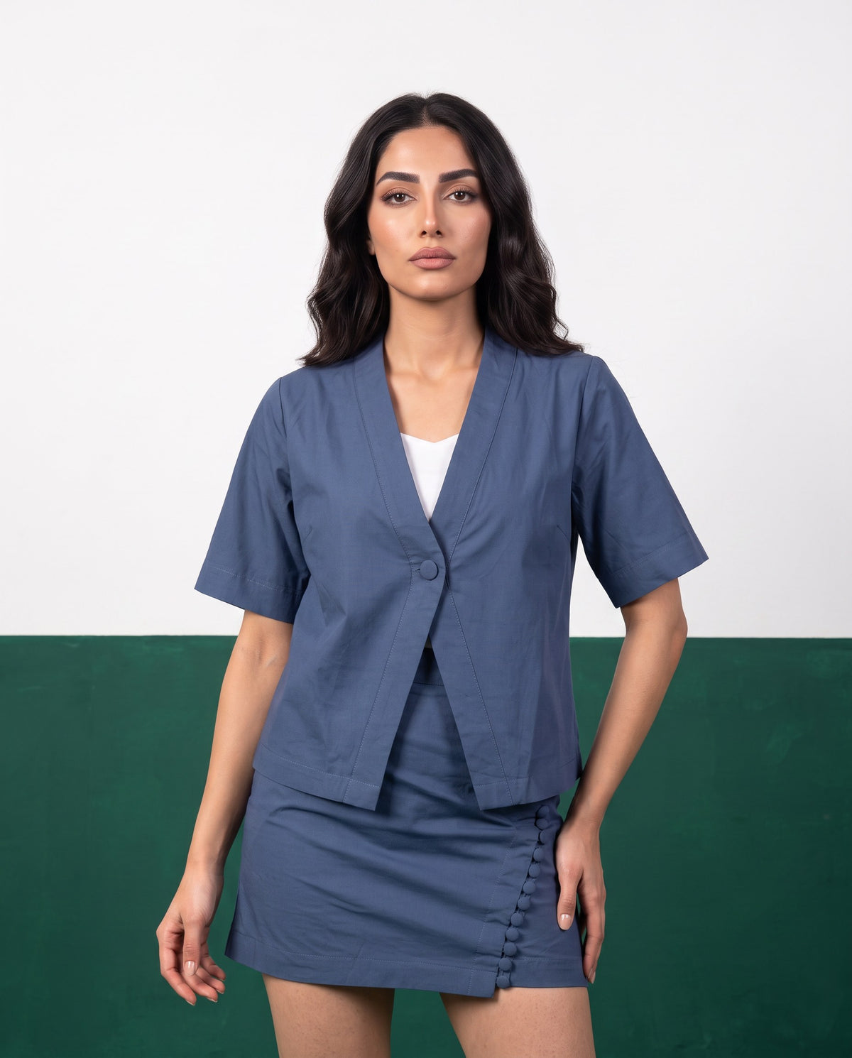 Slate Blue Wrap Blazer & Button-Detail Mini Skirt Cotton Co-ord Set - Detail close-up