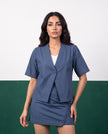 Slate Blue Wrap Blazer & Button-Detail Mini Skirt Cotton Co-ord Set - Detail close-up