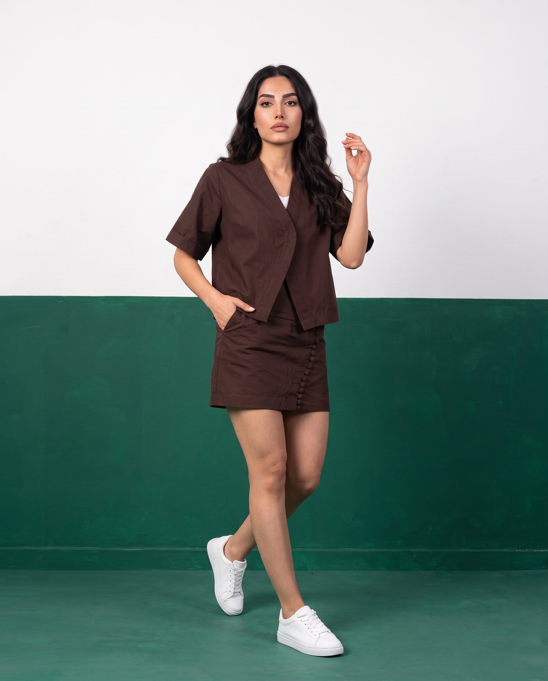Chocolate Wrap Blazer & Button-Detail Mini Skirt Cotton Co-ord Set - Front view