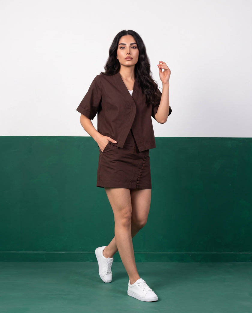 Chocolate Wrap Blazer & Button-Detail Mini Skirt Cotton Co-ord Set - Front view