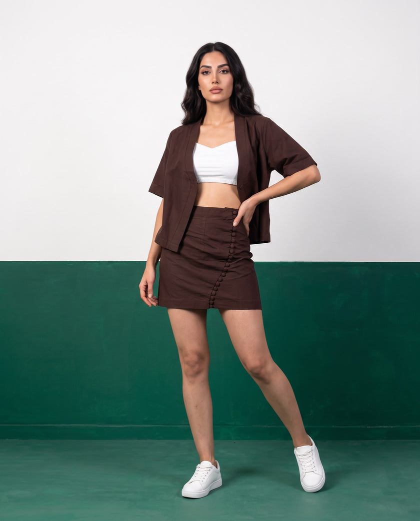 Chocolate Wrap Blazer & Button-Detail Mini Skirt Cotton Co-ord Set - Open front view