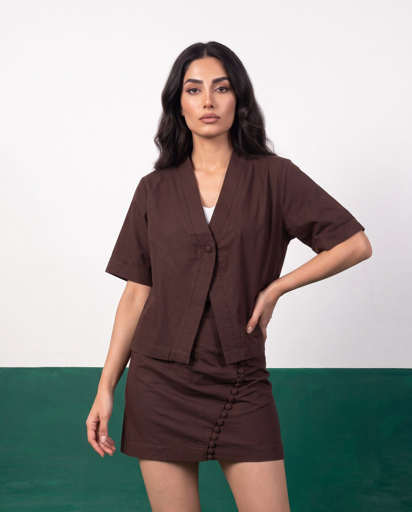 Chocolate Wrap Blazer & Button-Detail Mini Skirt Cotton Co-ord Set - Detail close-up
