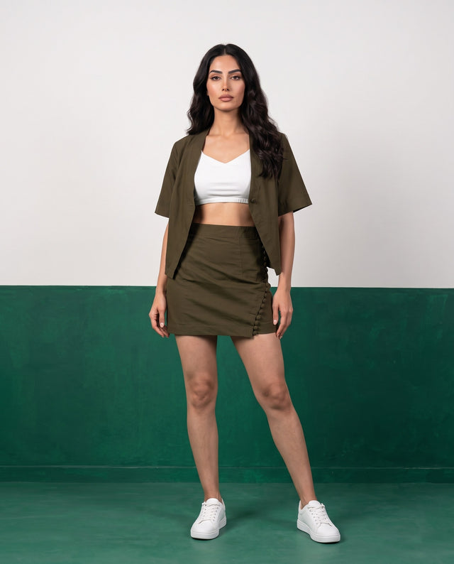 Olive Command Open Blazer & Button-Detail Mini Skirt Co-ord Set - Front view