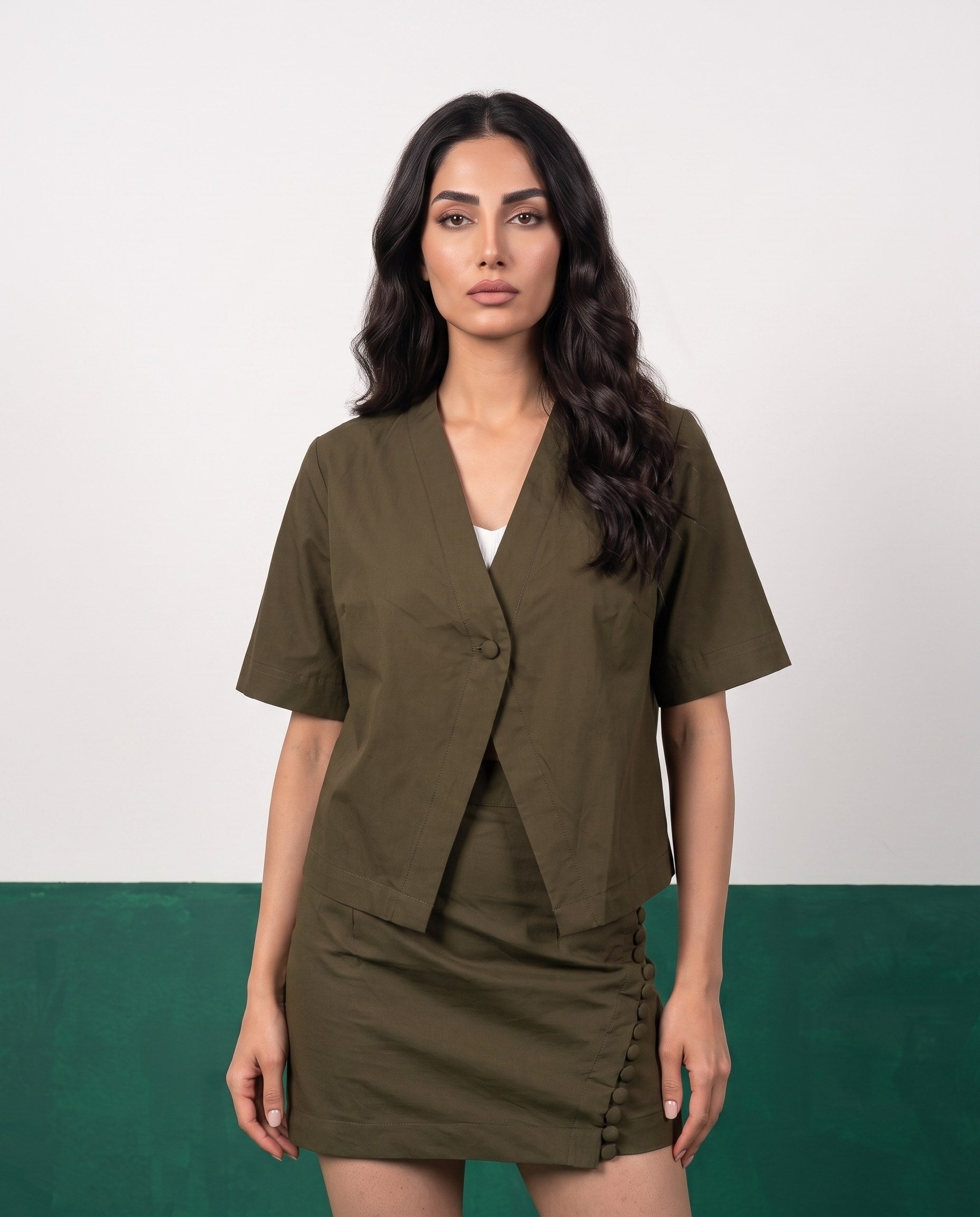 Olive Command Open Blazer & Button-Detail Mini Skirt Co-ord Set - Detail close-up
