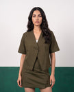 Olive Command Open Blazer & Button-Detail Mini Skirt Co-ord Set - Detail close-up