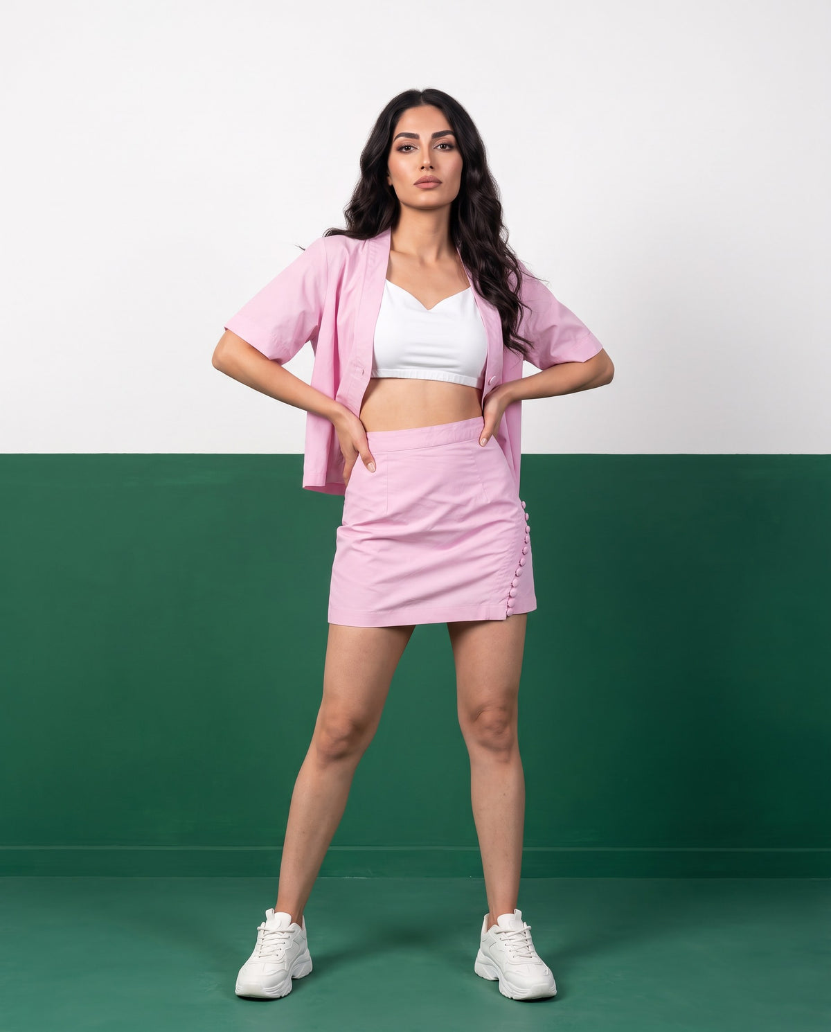Bubblegum Pink Open Blazer & Button-Detail Mini Skirt Co-ord Set - Front view