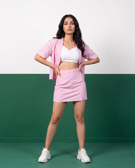 Bubblegum Pink Open Blazer & Button-Detail Mini Skirt Co-ord Set - Front view