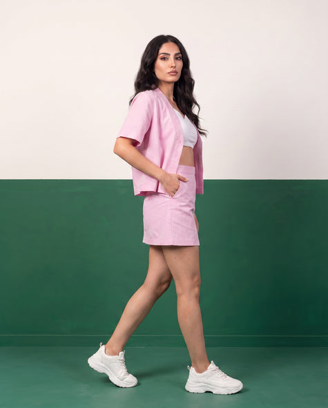 Bubblegum Pink Open Blazer & Button-Detail Mini Skirt Co-ord Set - Side view