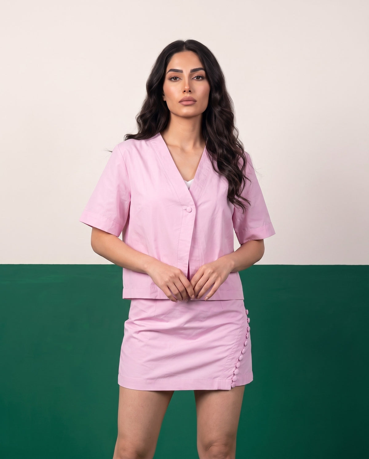 Bubblegum Pink Open Blazer & Button-Detail Mini Skirt Co-ord Set - Detail close-up
