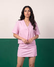 Bubblegum Pink Open Blazer & Button-Detail Mini Skirt Co-ord Set - Detail close-up