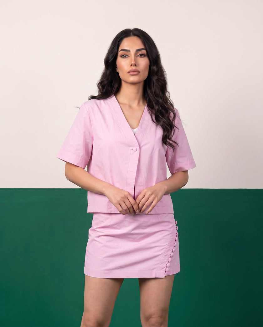 Bubblegum Pink Open Blazer & Button-Detail Mini Skirt Co-ord Set - Detail close-up