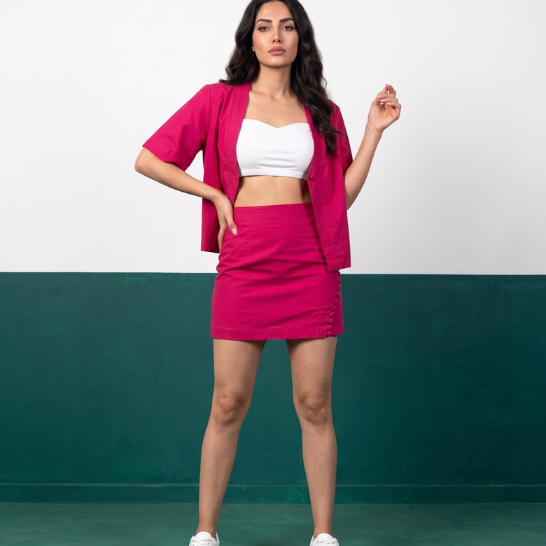 Fuchsia Fire Open Blazer & Button-Detail Mini Skirt Co-ord Set - Front view