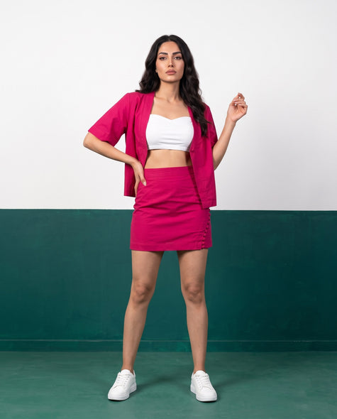 Fuchsia Fire Open Blazer & Button-Detail Mini Skirt Co-ord Set - Front view