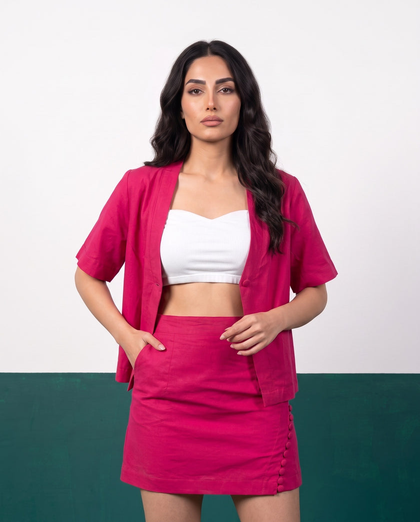 Fuchsia Fire Open Blazer & Button-Detail Mini Skirt Co-ord Set - Detail close-up