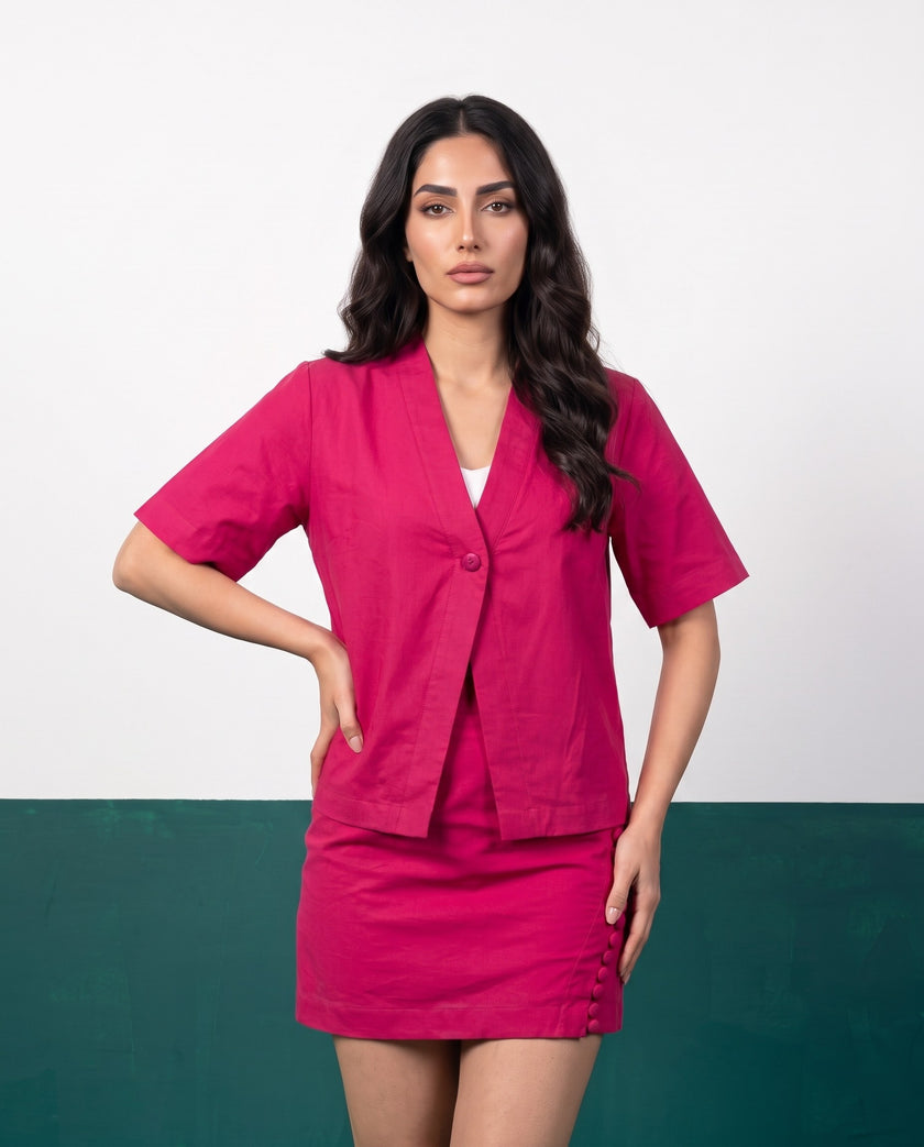 Fuchsia Fire Open Blazer & Button-Detail Mini Skirt Co-ord Set - Button detail close-up