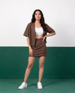Mocha Moment Open Blazer & Button-Detail Mini Skirt Co-ord Set - Front view