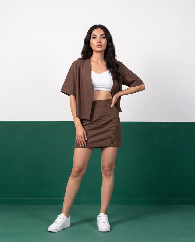 Mocha Moment Open Blazer & Button-Detail Mini Skirt Co-ord Set - Front view