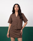 Mocha Moment Open Blazer & Button-Detail Mini Skirt Co-ord Set - Detail close-up