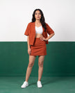 Terracotta Blaze Open Blazer & Button-Detail Mini Skirt Co-ord Set - Front view