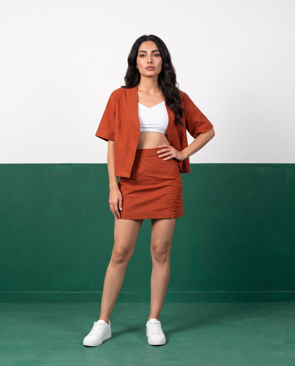 Terracotta Blaze Open Blazer & Button-Detail Mini Skirt Co-ord Set - Front view