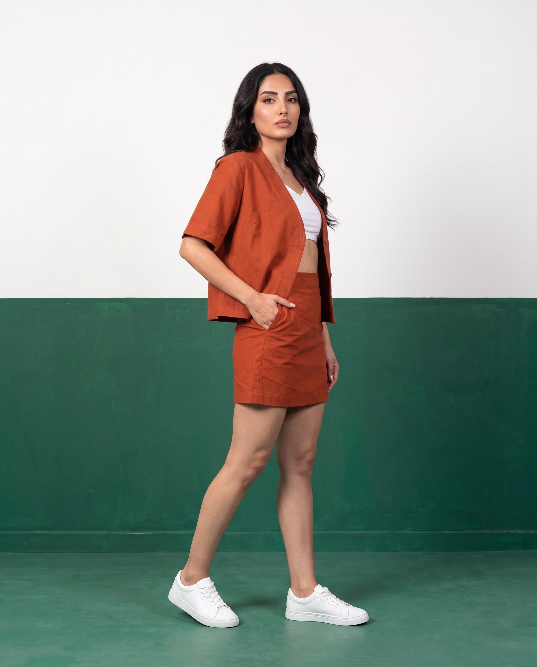 Terracotta Blaze Open Blazer & Button-Detail Mini Skirt Co-ord Set - Side view