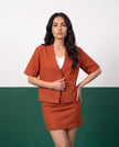 Terracotta Blaze Open Blazer & Button-Detail Mini Skirt Co-ord Set - Detail close-up