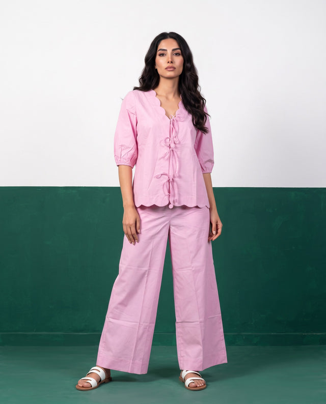 Petal Pink Scallop-Edge Top & Wide-Leg Trouser Co-ord Set - Front view