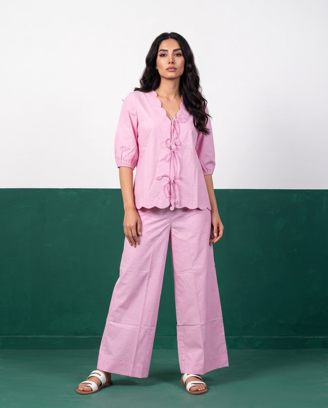 Petal Pink Scallop-Edge Top & Wide-Leg Trouser Co-ord Set - Front view