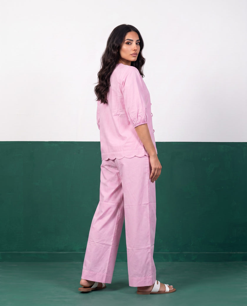 Petal Pink Scallop-Edge Top & Wide-Leg Trouser Co-ord Set - Back view