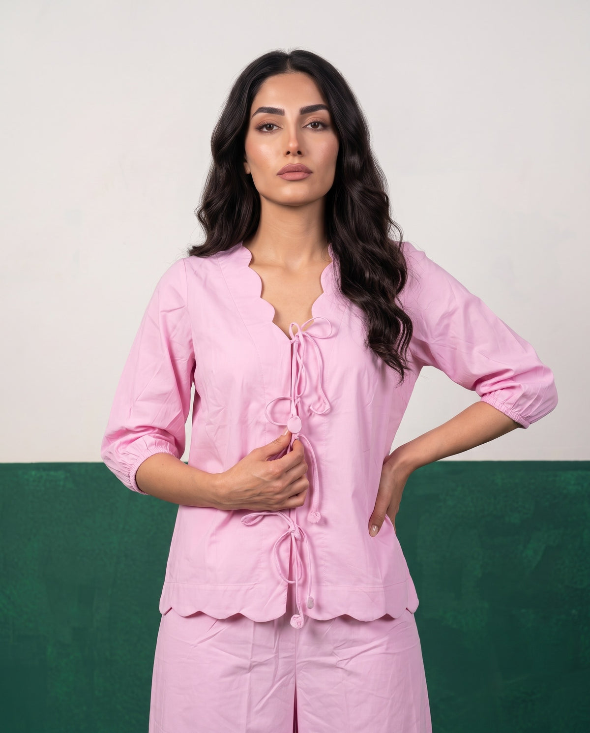 Petal Pink Scallop-Edge Top & Wide-Leg Trouser Co-ord Set - Detail close-up