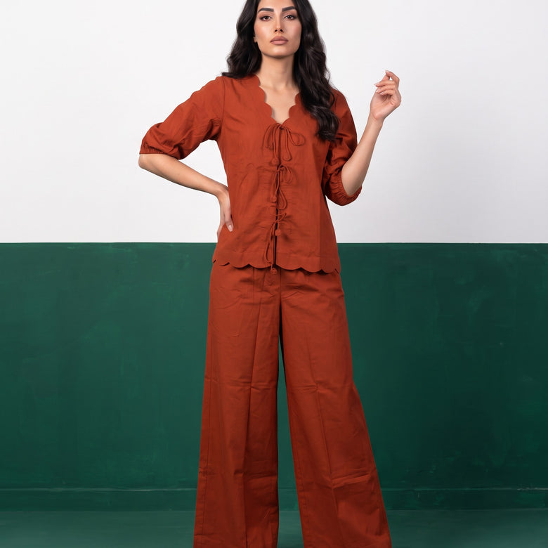 Terracotta Bloom Scallop-Edge Top & Wide-Leg Trouser Co-ord Set - Front view