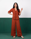Terracotta Bloom Scallop-Edge Top & Wide-Leg Trouser Co-ord Set - Front view