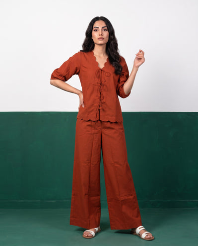 Terracotta Bloom Scallop-Edge Top & Wide-Leg Trouser Co-ord Set - Front view