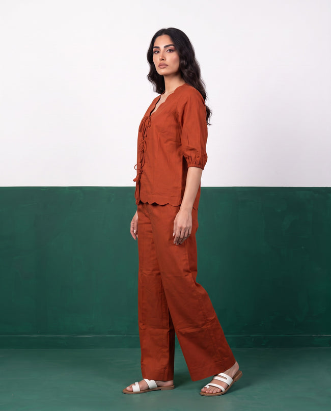 Terracotta Bloom Scallop-Edge Top & Wide-Leg Trouser Co-ord Set - Side view