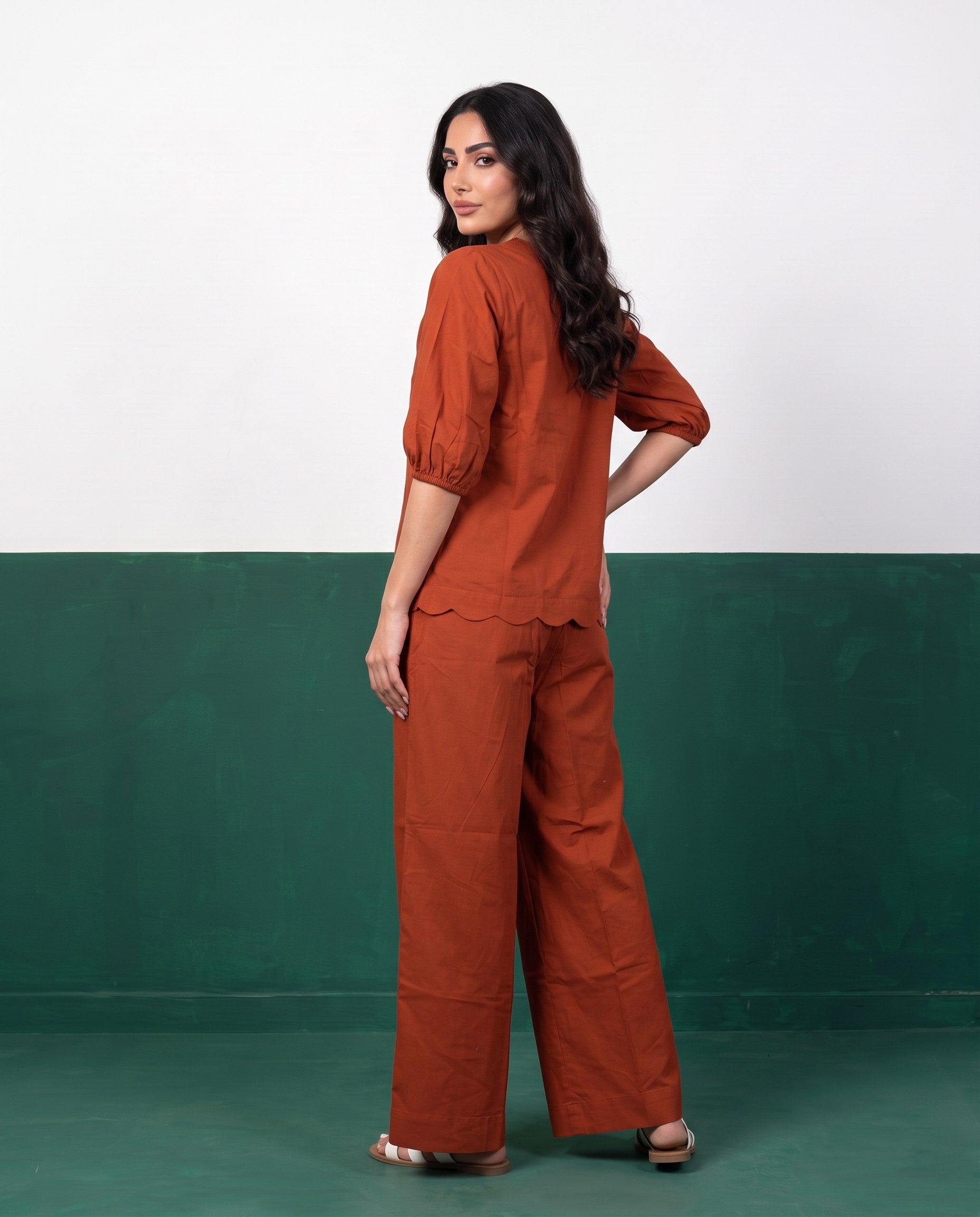 Terracotta Bloom Scallop-Edge Top & Wide-Leg Trouser Co-ord Set - Back view