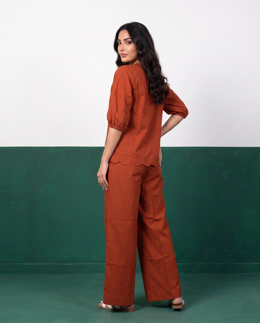 Terracotta Bloom Scallop-Edge Top & Wide-Leg Trouser Co-ord Set - Back view