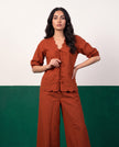 Terracotta Bloom Scallop-Edge Top & Wide-Leg Trouser Co-ord Set - Detail close-up